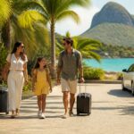 Une famille composée d'un père, d'une mère et de leur jeune fille marchant avec leurs valises à roulettes dans un lotissement résidentiel tropical à l'île Maurice. À droite, une berline blanche est garée. En arrière-plan, une mer turquoise bordée de palmiers et la montagne emblématique du Morne Brabant sous un ciel ensoleillé |expatiahom.com