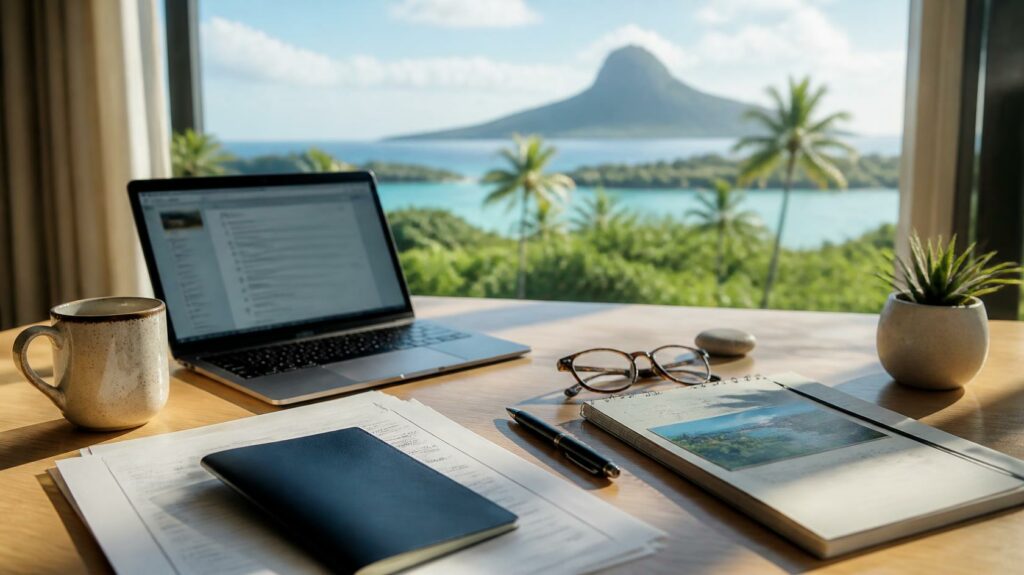 Espace de travail de nomade numérique disposé sur une table en bois face à une large baie vitrée : un ordinateur portable ouvert, une tasse de café, un passeport, des lunettes de vue, un stylo et un carnet. La vue extérieure donne sur un lagon tropical bordé de palmiers et une montagne emblématique (Le Morne Brabant à l'île Maurice) | expatiahome.com